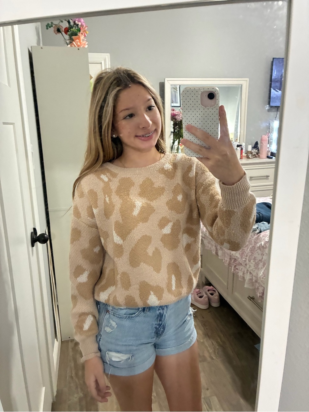 GB girls Beige and Cream Animal-Pattern Crewneck Sweater